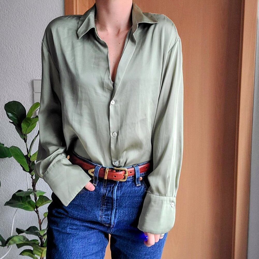 Zara Sage Green Satin Button Down Long Sleeve Shirt Size Small - Picture 13 of 15